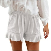 Women's Casual Shorts Summer Elastic High Waisted Ruffle Hem Comfy Lounge Shorts Loose Beach Shorts with Pockets